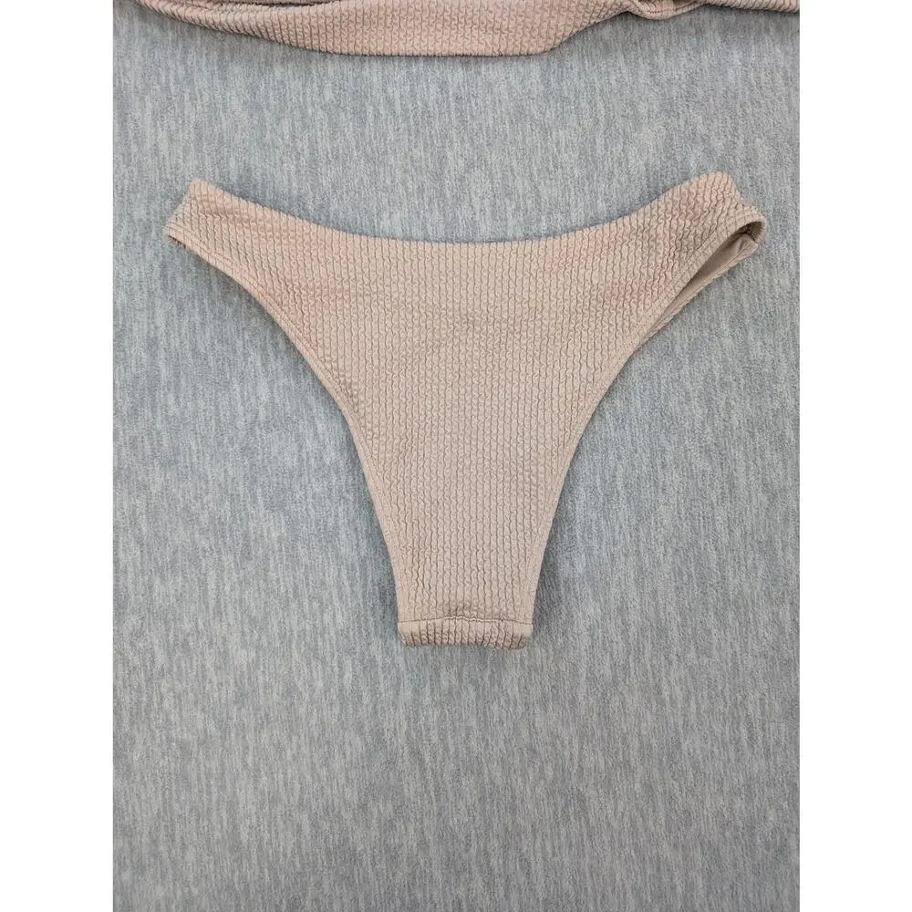 Monday Swimwear Bikini Set Womens P Petite Beige Textured Bandeau Ring Minimal